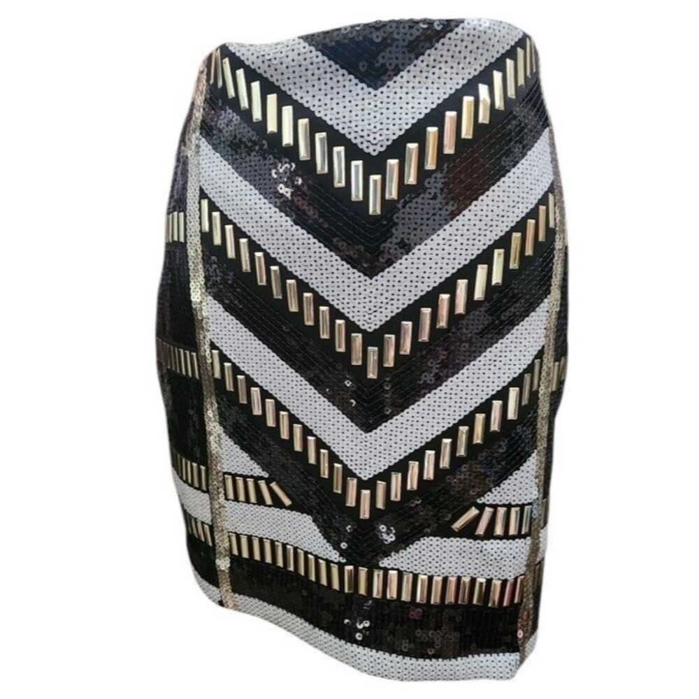 Bebe Black and White Embellished Mini Pencil Skirt Size Large Side Zip